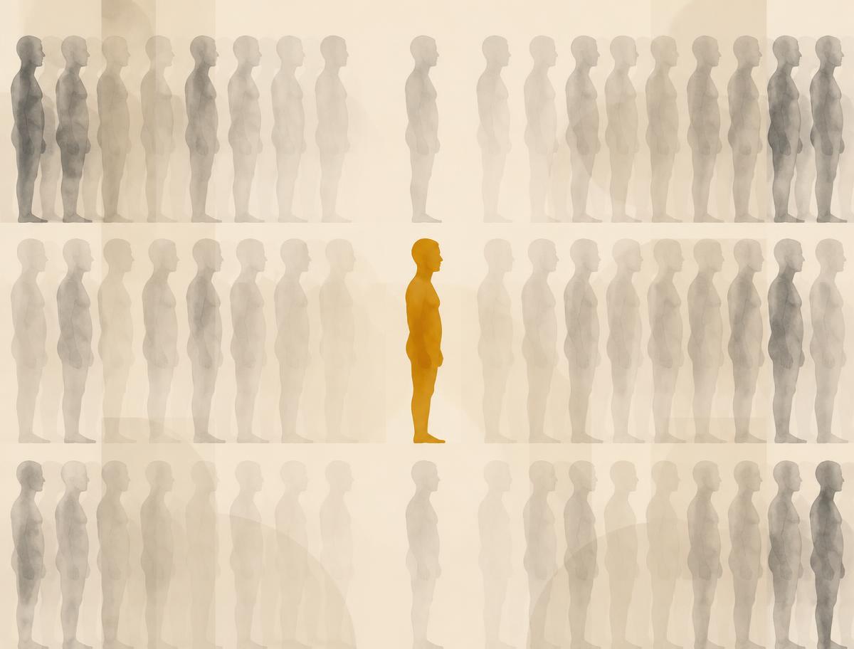 Rows of ghosted duplicate account silhouettes with one real person highlighted