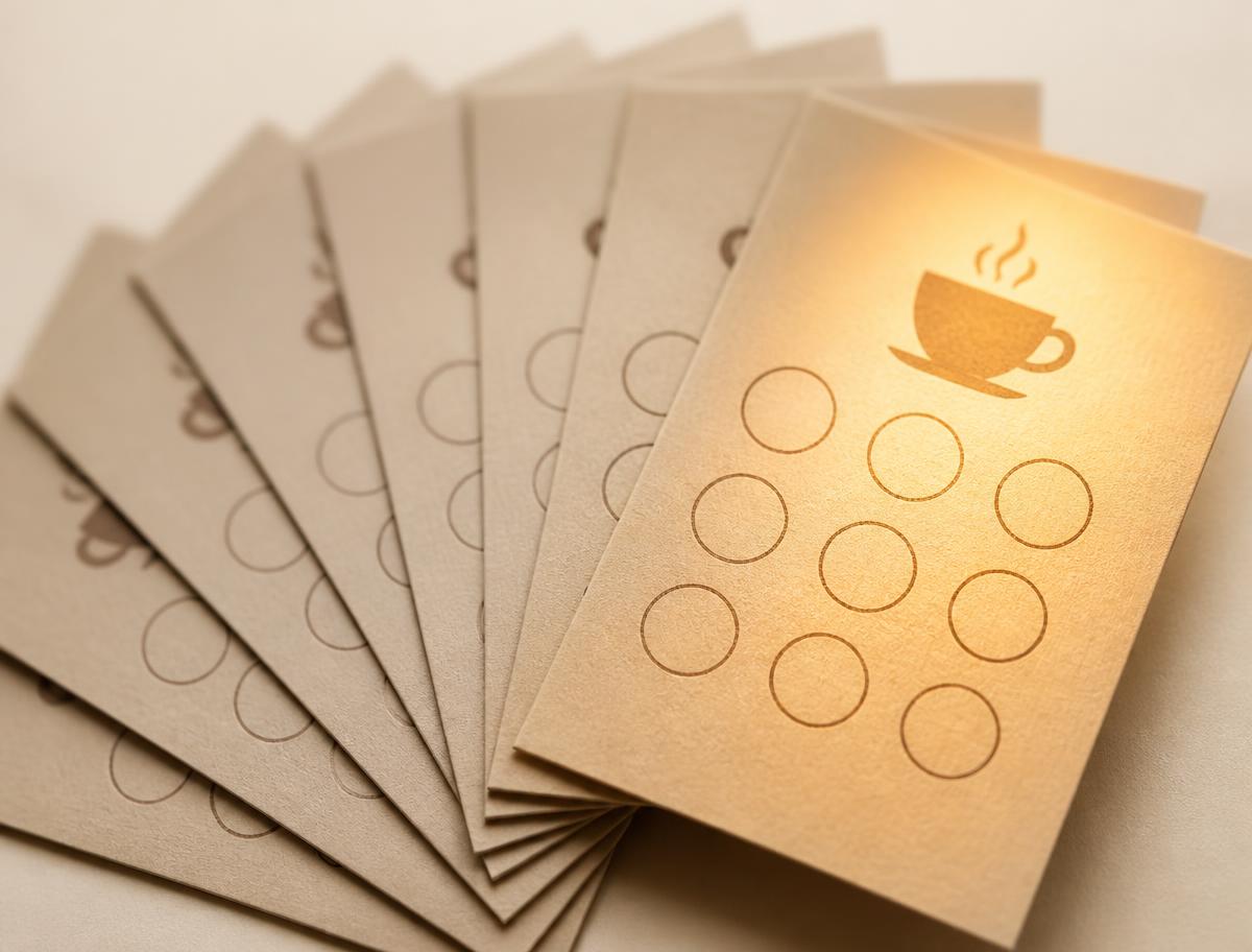 A fan of identical loyalty punch cards with one highlighted